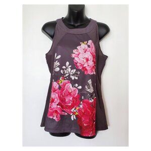 Ted Baker London Gray Floral Sleeveless Racerback Sport Tank Mesh Sides Size S